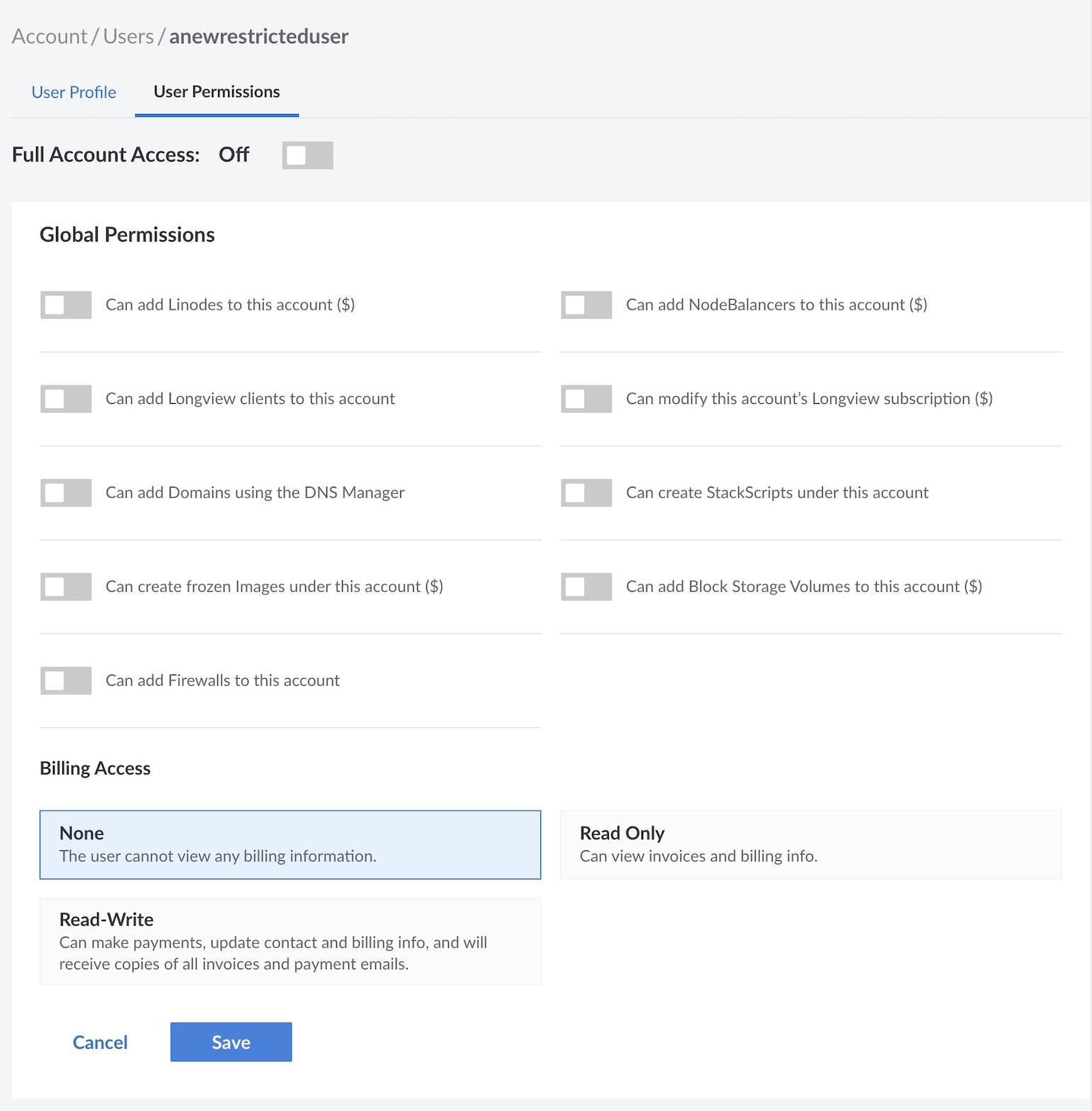 Configure User permissions in the Linode Cloud Manager.