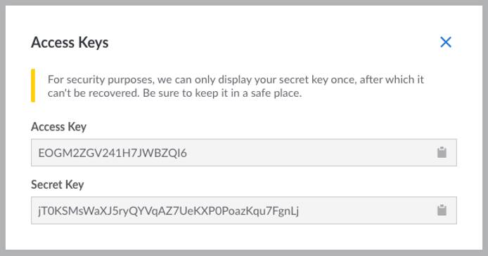 The access key and secret key displayed within the Cloud Manager